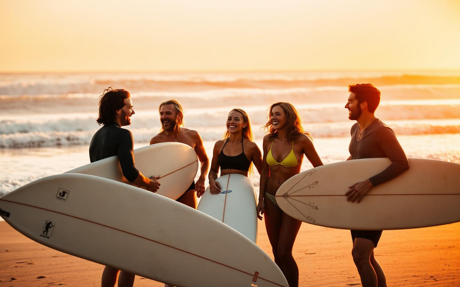 Friends laughing on a beach at sunset holding surfboards
